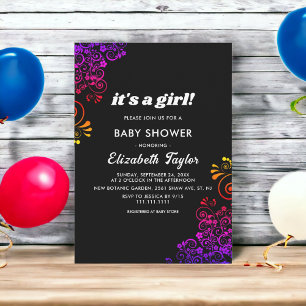Elegante Black & White Neon Floral Girl Babydusche Einladung