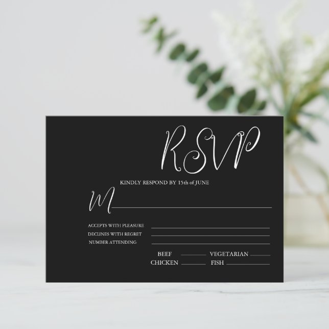 Elegante Black & White Wedding RSVP Karte (Stehend Vorderseite)