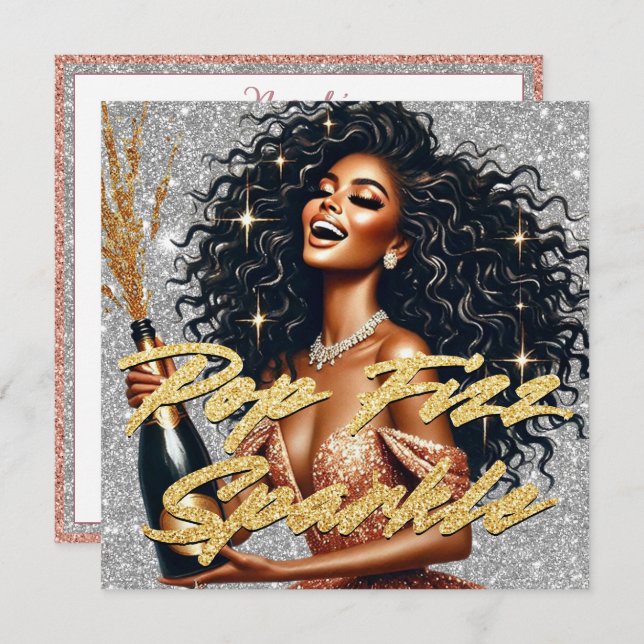 Elegante Black Woman Rose Gold Champagne Neujahr Karte (Vorne/Hinten)