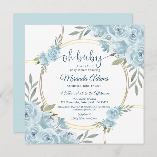 Elegante Bläserblau Wasserfarben Babydusche Einladung (Vorne/Hinten)