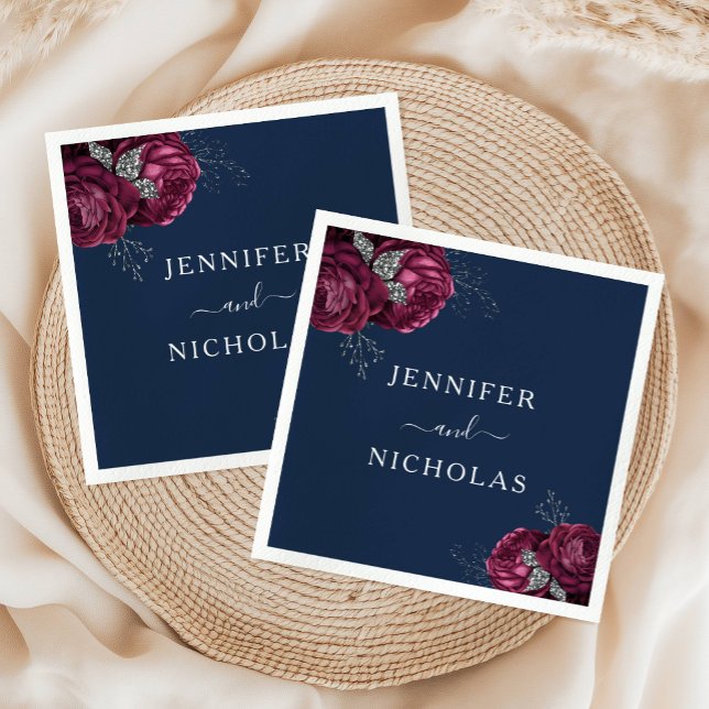 Elegante Bläsernavy Blue Burgundy Peonies Wedding Serviette (Elegant Floral Navy Blue Burgundy Peonies Wedding Napkins)