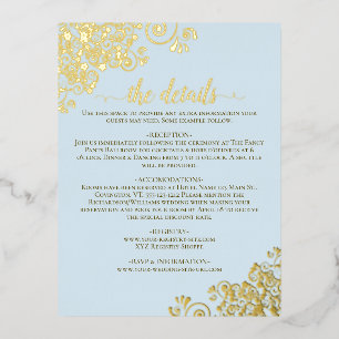 Elegante Blassblaue und goldene Foil Wedding Detai Folie Einladungspostkarte