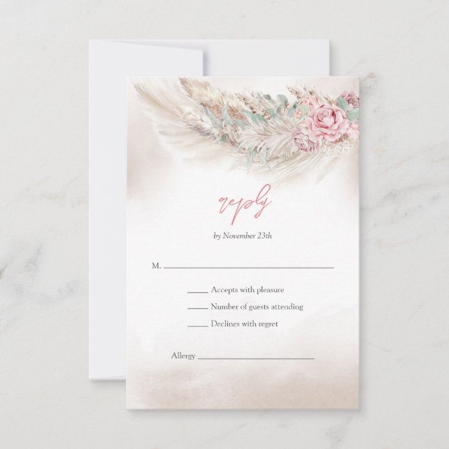 Elegante, blassrosa Rosenpampen und schlängelgrüne RSVP Karte (Vorderseite)