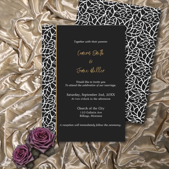 Elegante Blätter an der Grenze zu Weiß und Schwarz Einladung (Elegant White & Black Leaves Border Wedding Invitation)