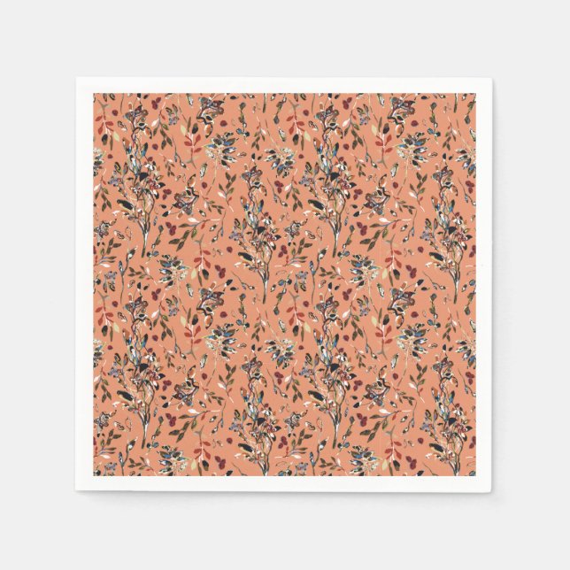 Elegante Blätter Berries Orange Blumenmuster Serviette (Vorderseite)