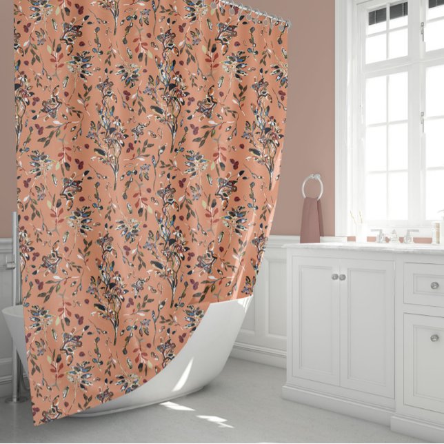 Elegante Blätter Berries Orange Wasserfarben Duschvorhang (Elegant Leaves Berries Orange Watercolor Floral Shower Curtain from Studio Posies.)