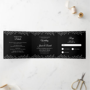 Elegante Blätter Black & White Wedding Tri-Fold In Dreifach Gefaltete Einladung
