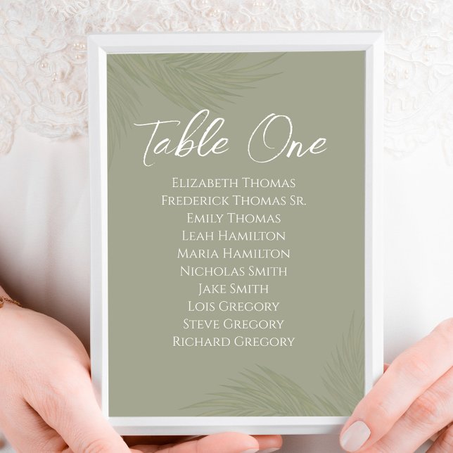 Elegante Blätter für Hochzeiten Tischnummer Green  (Tropical Wedding Table Number Sign with tropical palm leaves. )