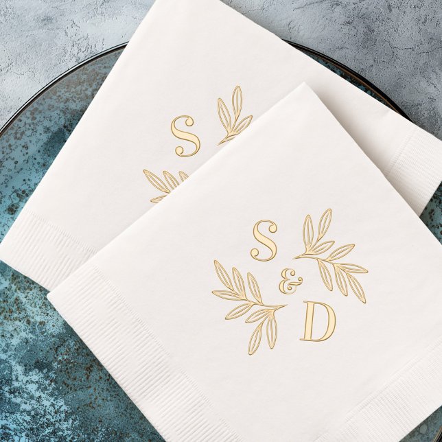 Elegante Blätter für Hochzeitsgrau Servietten Mit Folie (Elegant wedding monogram greenery leaves foil napkins)