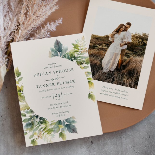 Elegante Blätter Grüne QR Code Foto Hochzeit Einladung (Von Creator hochgeladen)