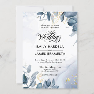 Elegante Blätter Hochzeit mit blauem Wasser Einladung