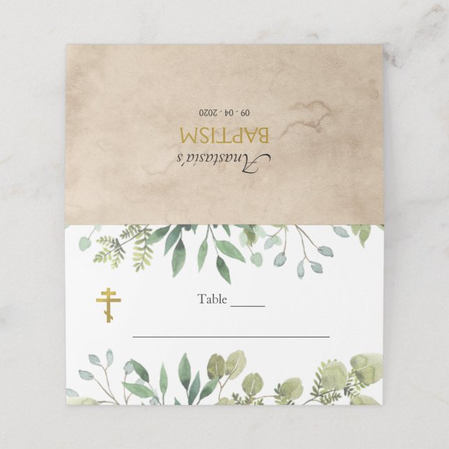 Elegante Blätter Orthodoxe Christliche Taufe Platzkarte (Außenseite Aufgefaltet)