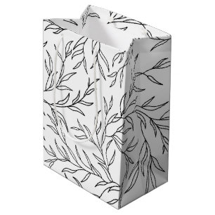 Elegante Blätter Schwarzweiß mittelgroße Geschenkt Mittlere Geschenktüte