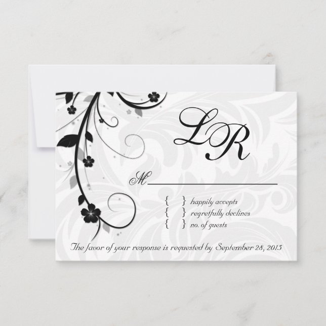 Elegante Blätter UAWG Wedding Repcard Schwarz-weiß RSVP Karte (Vorderseite)
