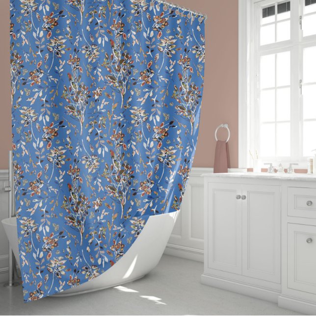 Elegante Blätter und Berries Blau Duschvorhang (Elegant Leaves And Berries Blue Watercolor Floral Shower Curtain from Studio Posies.)