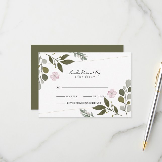 Elegante Blätter und Blume RSVP Karte (Vorderseite/Rückseite Beispiel)