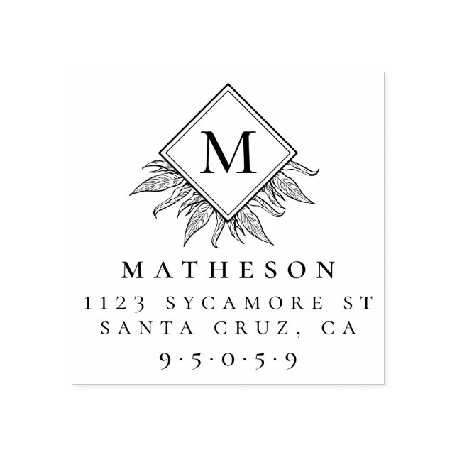 Elegante Blätter und Monogramm-Rücksendeadresse Gummistempel (Prägung)