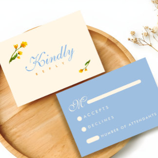Elegante Blau & Gelbe Aquarell-Blumenhochzeit RSVP Karte