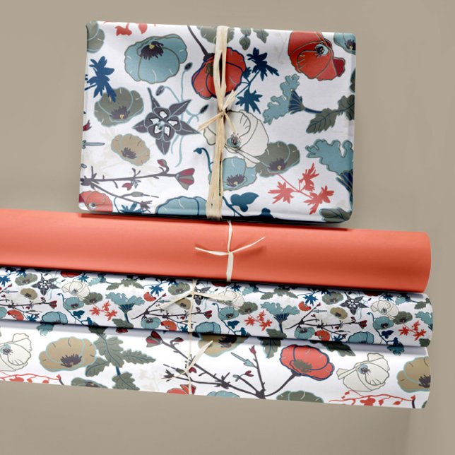 Elegante Blau Orange Grüne Blume Geschenkpapier Set (Elegant Floral Colorful Blue Orange Green trio Wrapping Paper Sheets from Studio Posies.)