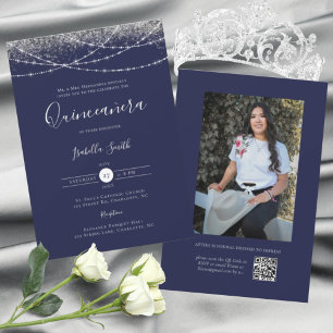 Elegante Blau Silber Glitter Foto Quinceanera Einladung