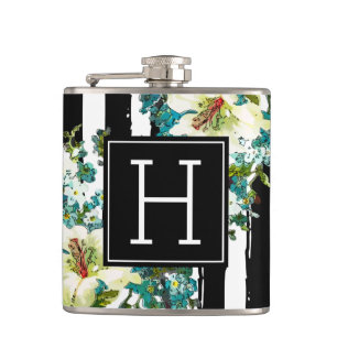 Elegante Blau- und Weiße Blume mit Monogramm Flachmann