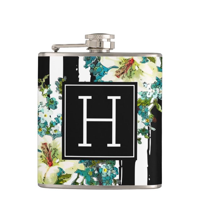 Elegante Blau- und Weiße Blume mit Monogramm Flachmann (Vorderseite)
