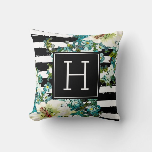 Elegante Blau- und Weiße Blume mit Monogramm Kissen (Vorderseite)