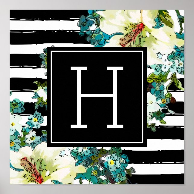 Elegante Blau- und Weiße Blume mit Monogramm Poster (Vorne)