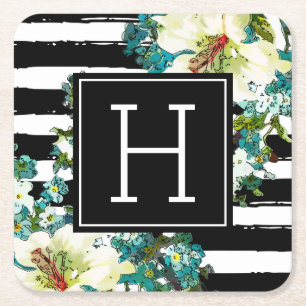 Elegante Blau- und Weiße Blume mit Monogramm Rechteckiger Pappuntersetzer