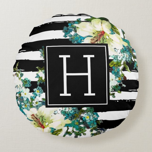 Elegante Blau- und Weiße Blume mit Monogramm Rundes Kissen (Vorderseite)