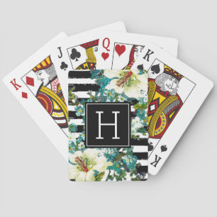 Elegante Blau- und Weiße Blume mit Monogramm Spielkarten