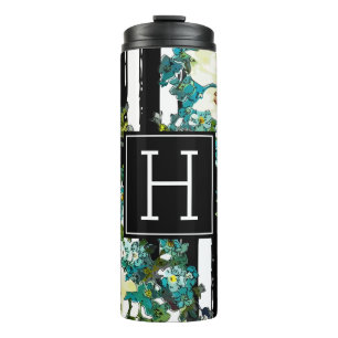 Elegante Blau- und Weiße Blume mit Monogramm Thermosbecher