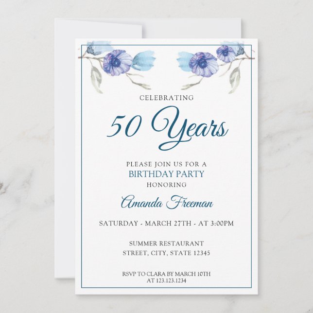 Elegante Blau- und Weiße Blume Muttertag Einladung (Vorderseite)