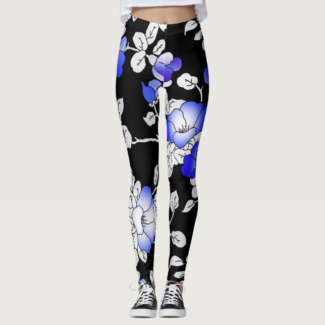Elegante Blau-Weiß-Schwarz-Blüten-Leggings Leggings (Vorderseite)