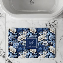 Elegante Blau Weiße Blumen Personalisierte Bademat