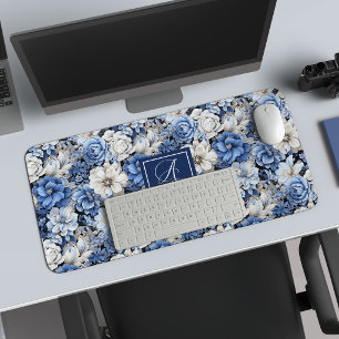 Elegante Blau Weiße Blumen Personalisierte Schreib Schreibtischunterlage