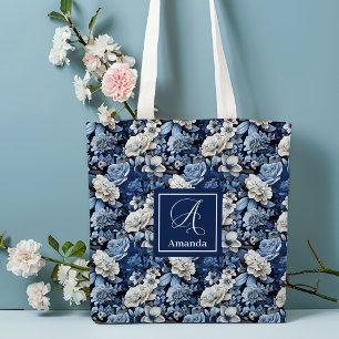 Elegante blau-weiße Blumen personalisierte Trageta