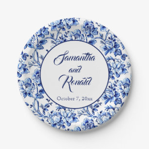 Elegante blau-weiße Blumentoile-Hochzeit Pappteller