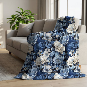 Elegante Blau Weiße Elfenbein Blumen Luxus Wurfdec Sherpadecke