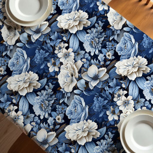 Elegante Blau Weiße Elfenbeinfarbene Blumen Luxus Tischdecke