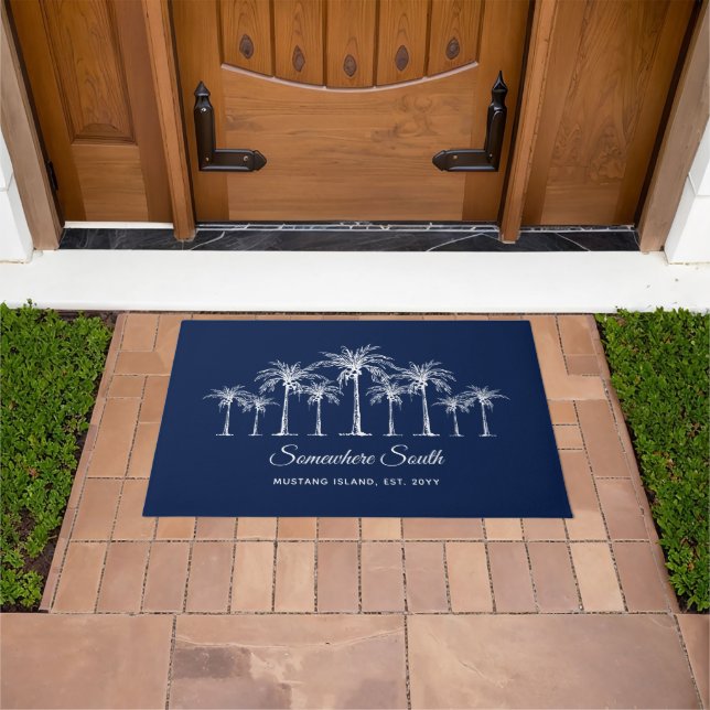 Elegante Blau Weiße Palmen Personalized Fußmatte (Außenbereich)