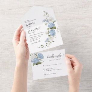 Elegante Blau Weiße Rosen Floral All In One Einladung