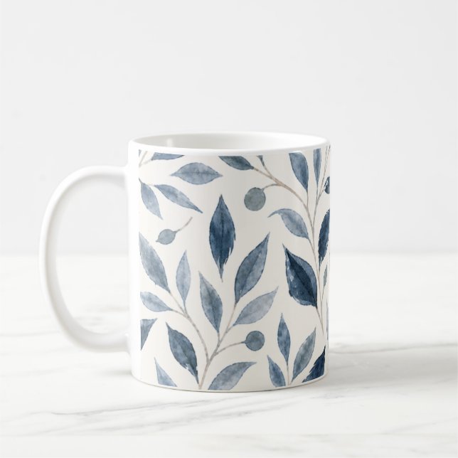 Elegante Blaue Aquarell-Blätter Kaffeetasse (Links)