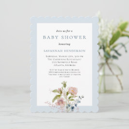 Elegante blaue Aquarell-Blumen-Baby-Party Einladung