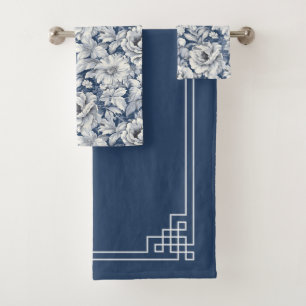 Elegante blaue Aquarell-Blumen-Botanik-Blüte Badhandtuch Set