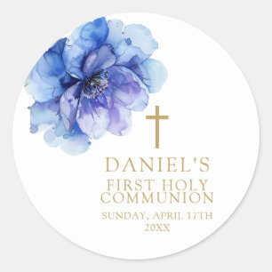 Elegante Blaue Aquarell-Blumen-Erstkommunion Runder Aufkleber