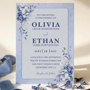 Elegante blaue Aquarell-Blumen-Hochzeit im traditi Einladung