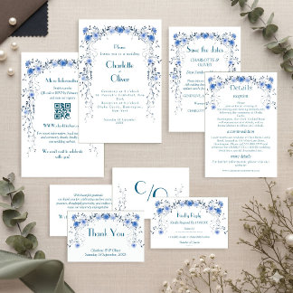 Elegante blaue Aquarell-Blumen-Hochzeitseinladunge Einladung