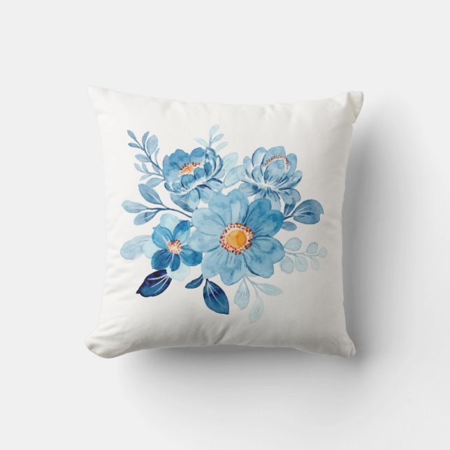 Elegante blaue Aquarell-Blumen-Kissenhülle, Kissen (Vorderseite)