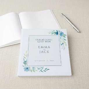 Elegante blaue Aquarell-Blumenhochzeit Gästebuch